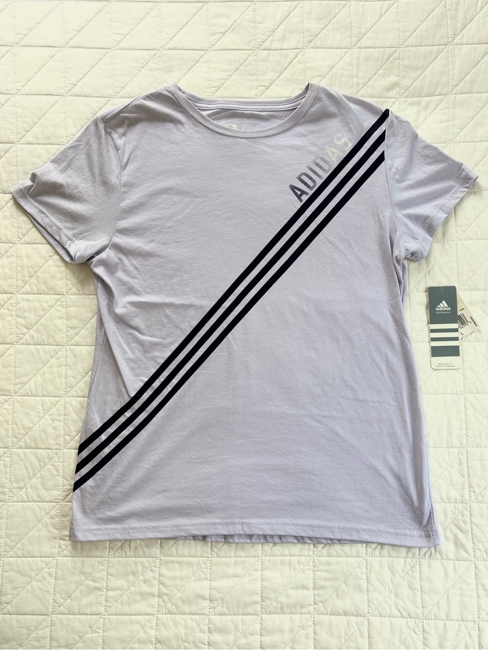 Adidas Women’s Pastel Lavender Tri-Color Stripe Graphic Tee - Size Large NWT